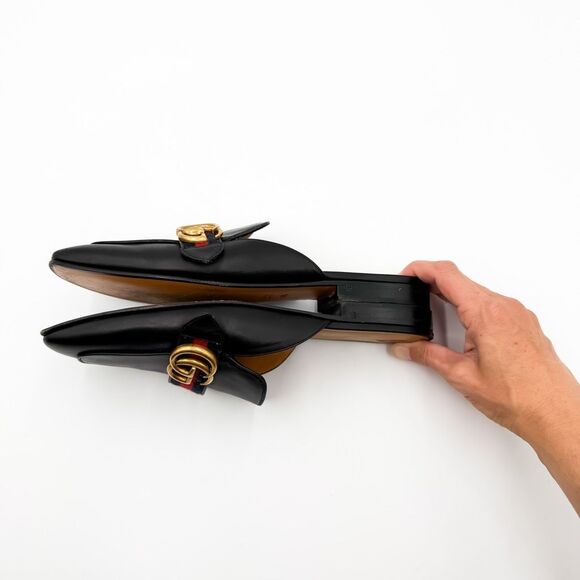 Gucci GG Web Stripe Peyton Mules Flat Slides Black Leather Loafers - Picture 9 of 11